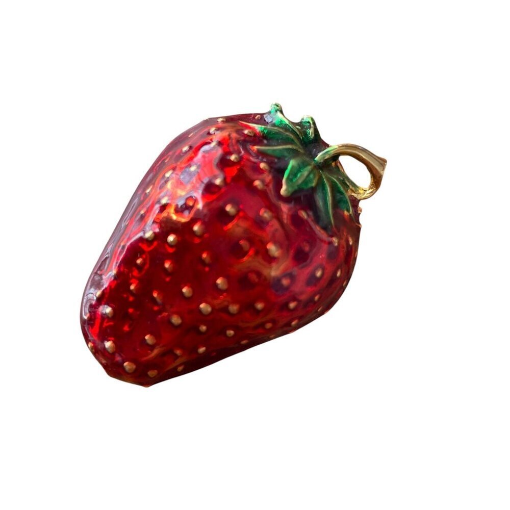 Vintage Enamel Strawberry Brooch Pin, Red and Green Fruit Jewelry